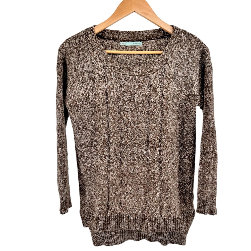 Maurices Womens Cable Knit Sweater Small Marled Brown 3/4 Sleeve Cottage Neutral